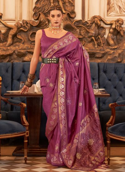 Ethnic Tussar Silk Magenta Weaving Trendy Saree