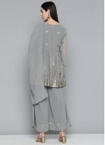 Excellent Floral Print Georgette Grey Trendy Salwar Suit