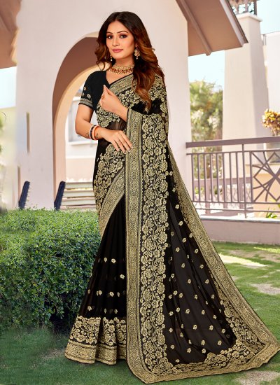 Excellent Georgette Black Embroidered Traditional Saree