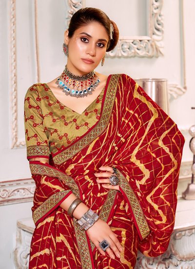 Excellent Red Printed Silk Trendy Saree
