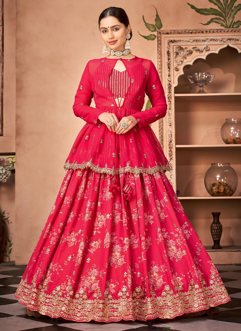 Exceptional Chinon Pink Embroidered Lehenga Choli