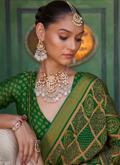 Exceptional Green Printed Brasso Contemporary Style Saree