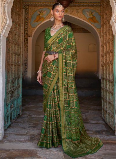 Exceptional Green Printed Brasso Contemporary Style Saree