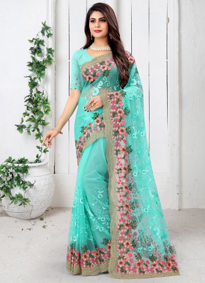 Exciting Embroidered Turquoise Net Designer Saree