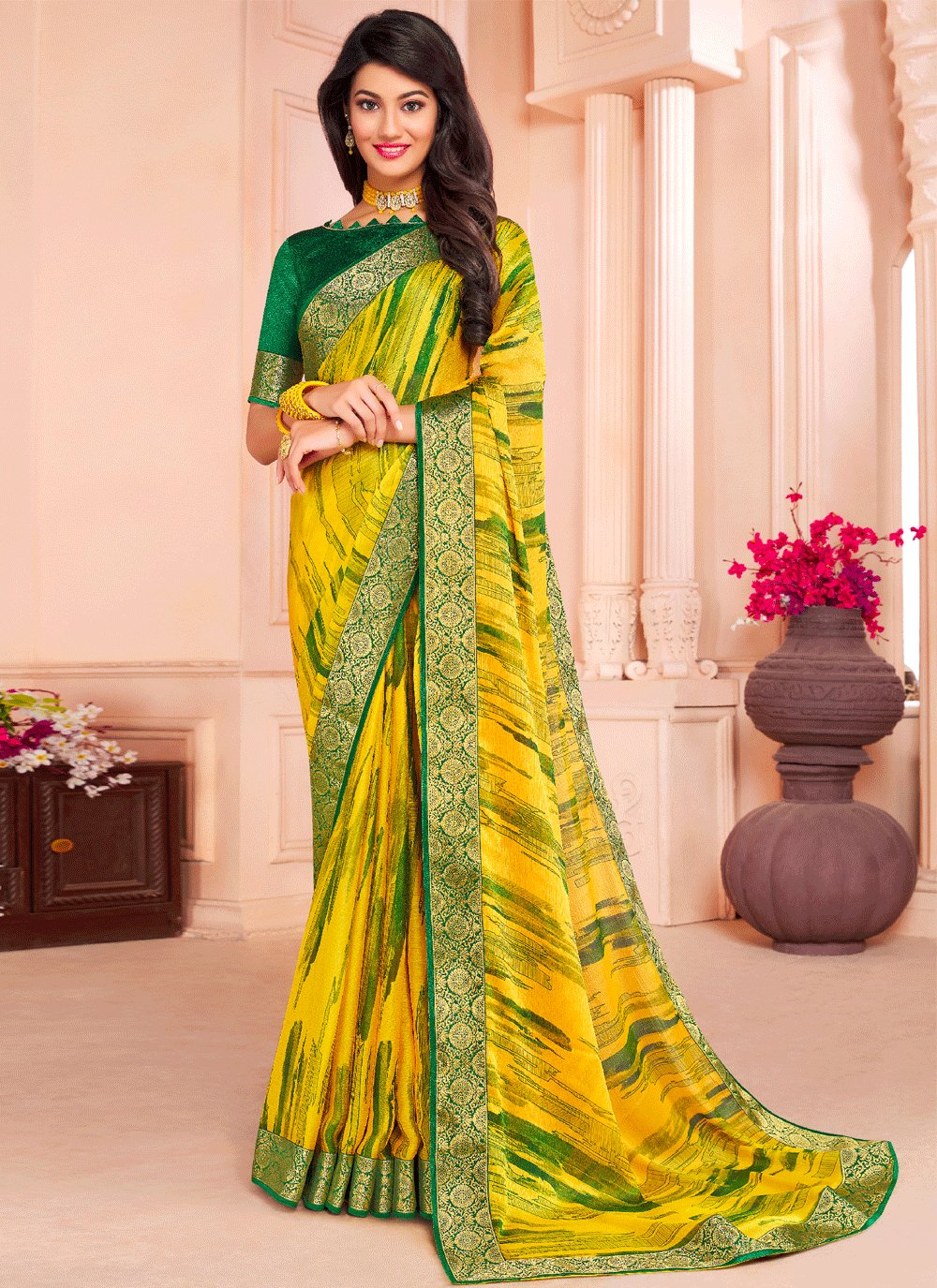 Pale Yellow Chiffon Printed Saree