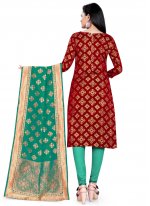 Exciting Weaving Maroon Banarasi Silk Churidar Suit