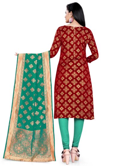 Exciting Weaving Maroon Banarasi Silk Churidar Suit
