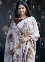 Exotic Faux Georgette Off White Abstract Print Classic Saree