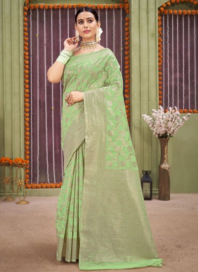 Exotic Green Linen Designer Traditional Saree