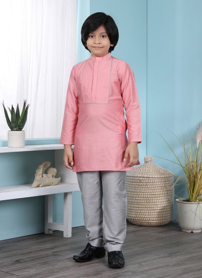 Exotic Plain Cotton Silk Pink Kurta Pyjama