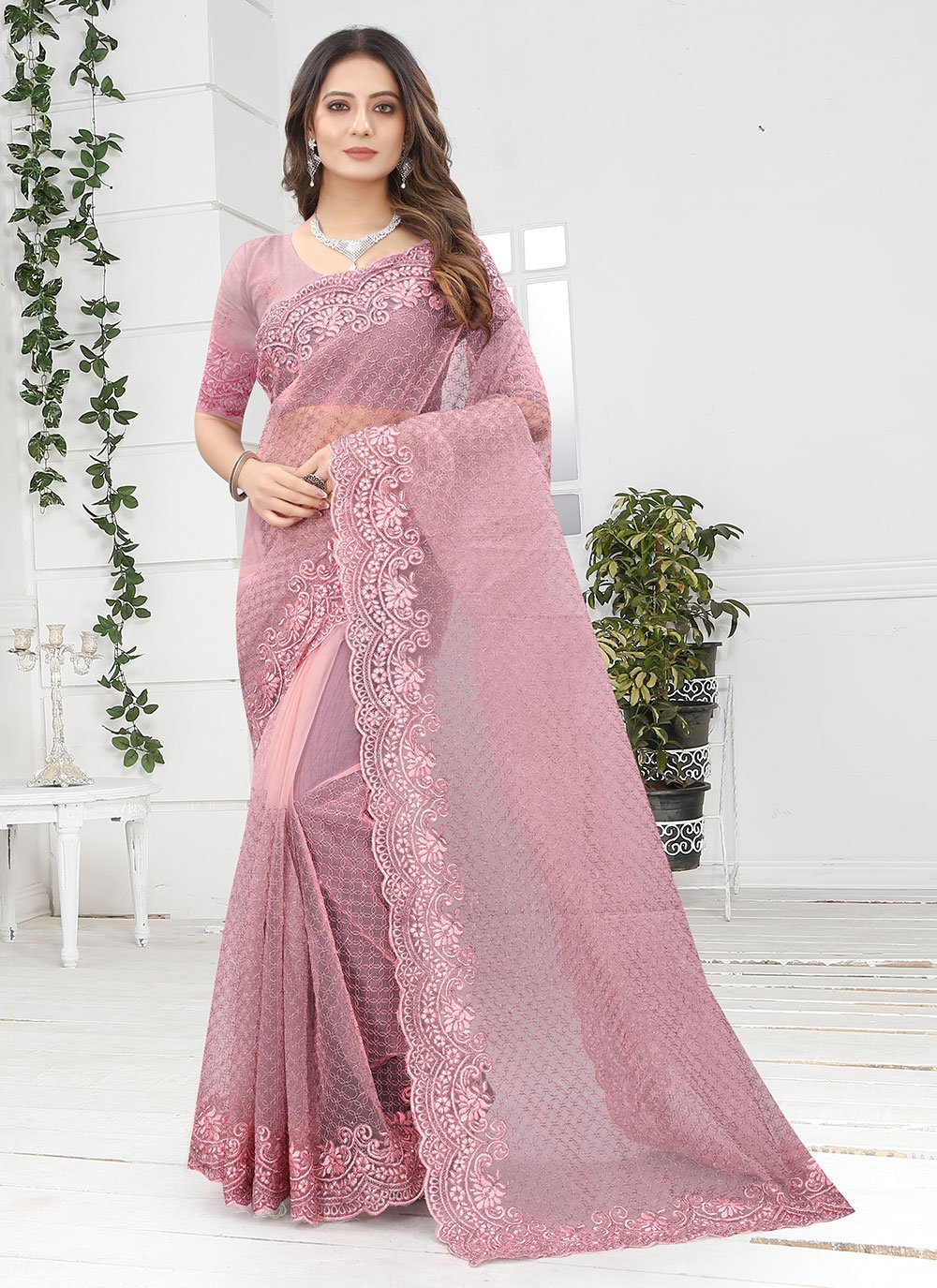 Rose coloured designer saree with embroidery work blouse – Meshira