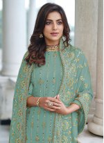 Extraordinary Faux Georgette Sea Green Embroidered Straight Salwar Suit