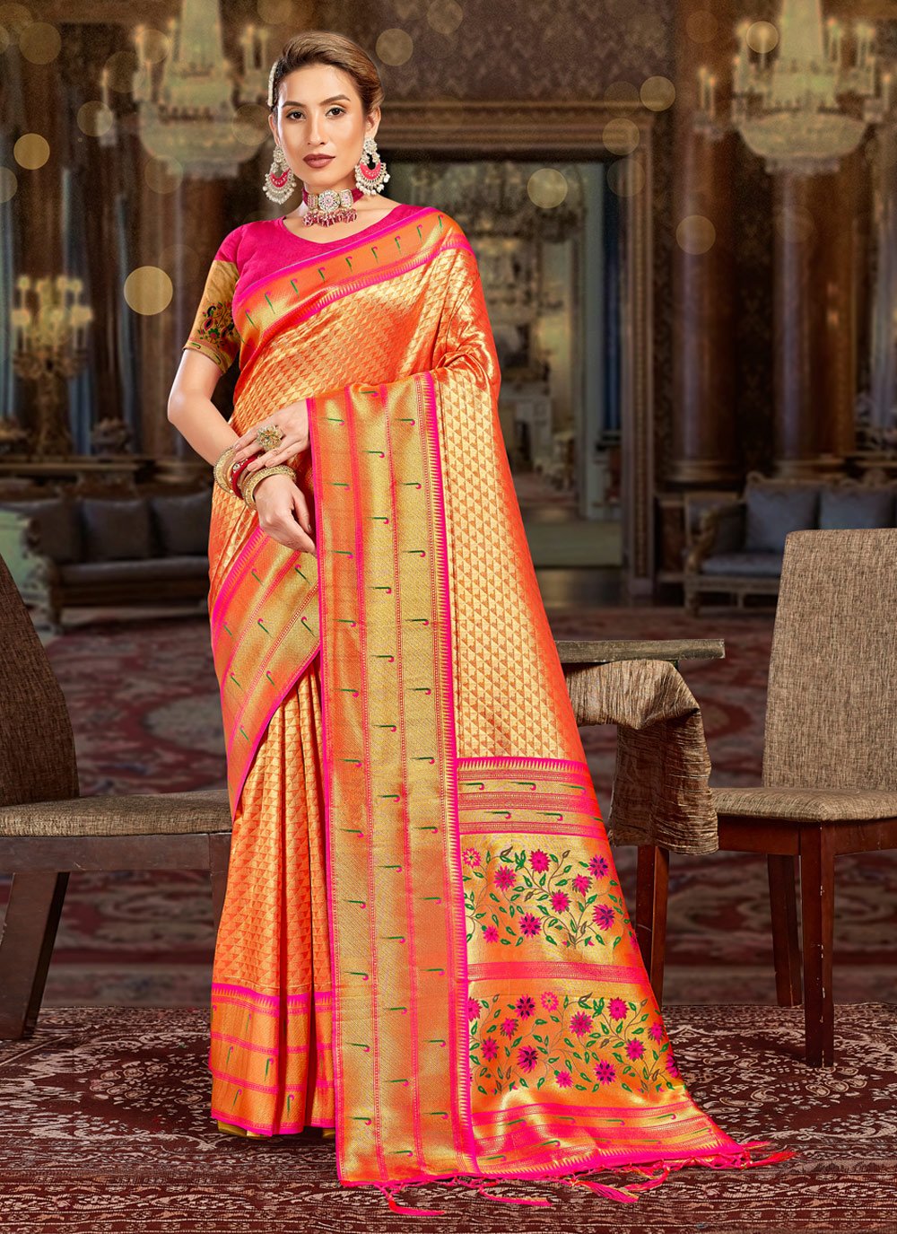 Extraordinary Orange Engagement Traditional Saree