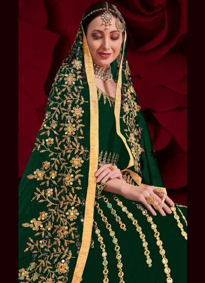 Exuberant Embroidered Green Floor Length Anarkali Suit 