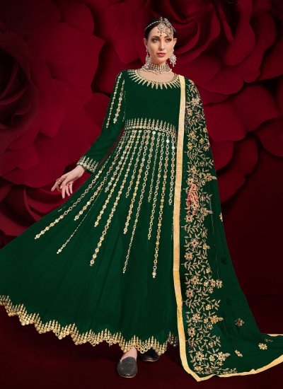 Exuberant Embroidered Green Floor Length Anarkali Suit 