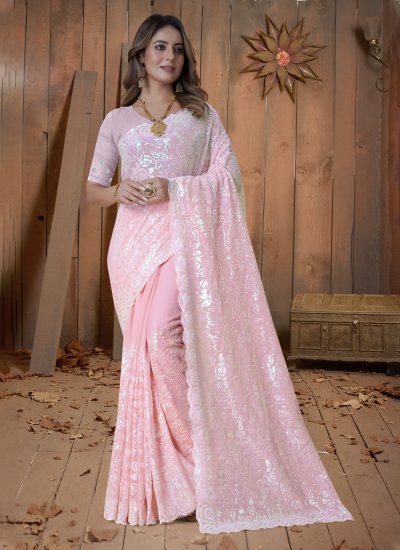 Exuberant Embroidered Pink Georgette Contemporary Style Saree