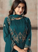 Exuberant Georgette Teal Embroidered Pant Style Suit