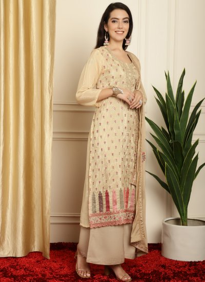 Exuberant Pure Silk Beige Embroidered Trendy Salwar Suit