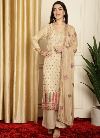 Exuberant Pure Silk Beige Embroidered Trendy Salwar Suit