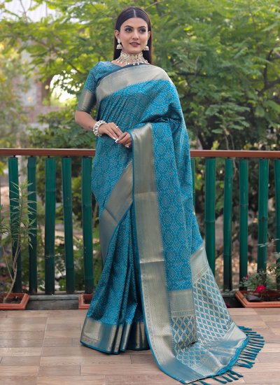Exuberant Weaving Aqua Blue Patola Silk  Contemporary Saree