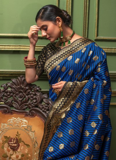 Eye-Catchy Banarasi Silk Woven Navy Blue Contemporary Saree
