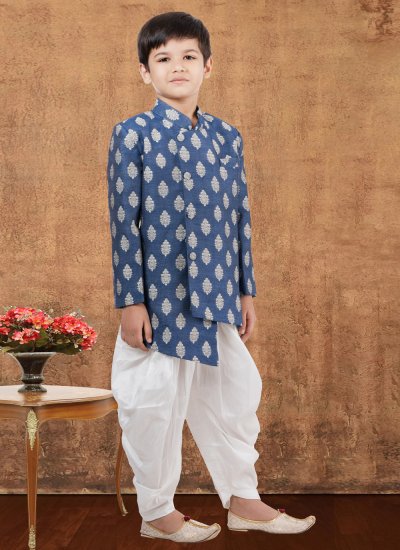 Eye-Catchy Fancy Work Blue Jacquard Silk Indo Western