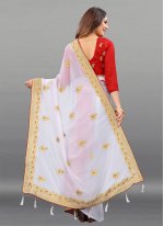 Eye-Catchy Faux Georgette Off White Embroidered Classic Saree
