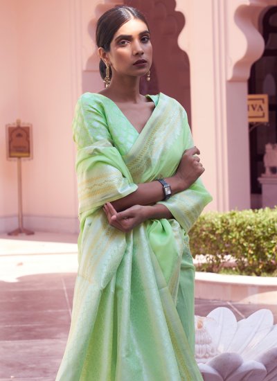 Eye-Catchy Linen Sea Green Weaving Trendy Saree