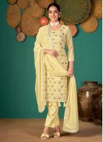 Eye-Catchy Mirror Yellow Faux Georgette Pant Style Suit