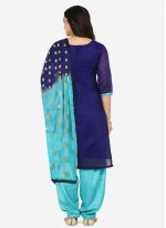Eye-Catchy Navy Blue Embroidered Blended Cotton Patiala Suit