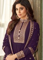 Eye-Catchy Resham Purple Shamita Shetty Floor Length Designer Suit