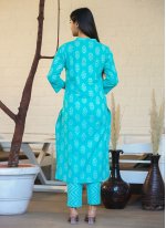 Fab Aqua Blue Printed Cotton Trendy Salwar Kameez