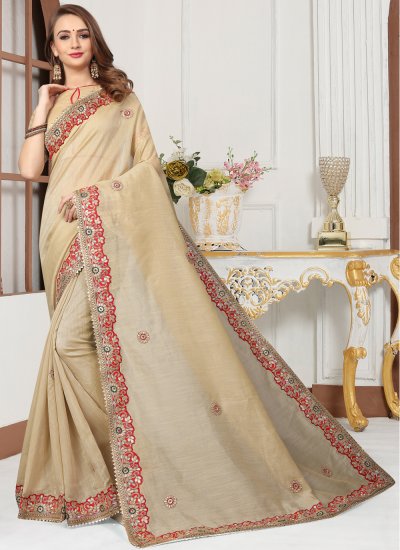 Fab Beige Embroidered Traditional Designer Saree