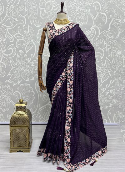 Fabulous Vichitra Silk Purple Thread Contemporary Saree