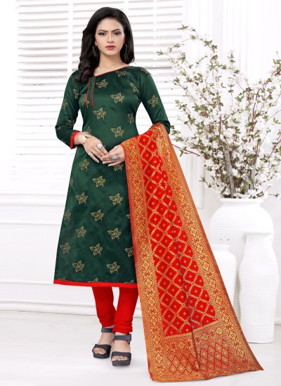 Fabulous Weaving Green Churidar Salwar Suit 