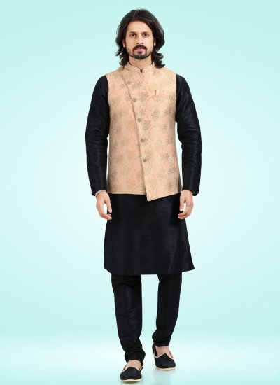 Fancy Banarasi Jacquard Kurta Payjama With Jacket in Black and Peach