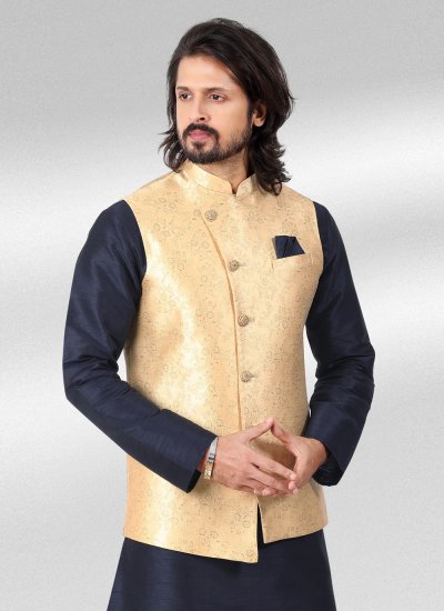 Fancy Banarasi Jacquard Kurta Payjama With Jacket in Blue and Cream