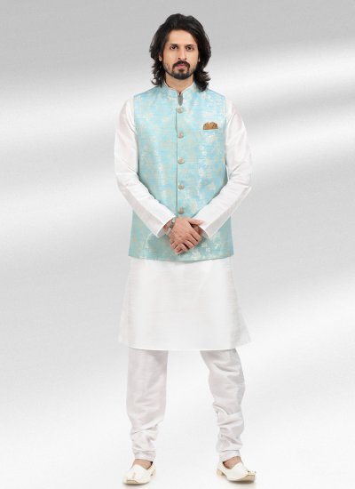 Fancy Banarasi Jacquard Kurta Payjama With Jacket in Blue and Off White
