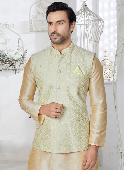
                            Fancy Banarasi Silk Kurta Payjama With Jacket in Cream and Green