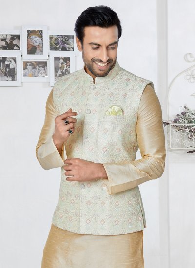 
                            Fancy Banarasi Silk Kurta Payjama With Jacket in Cream and Multi Colour