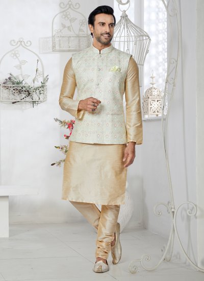 Fancy Banarasi Silk Kurta Payjama With Jacket in Cream and Multi Colour