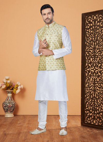 Fancy Banarasi Silk Kurta Payjama With Jacket in Green and White