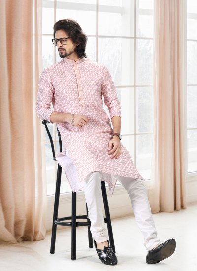 Fancy Cotton Kurta Pyjama in Off White and Pink