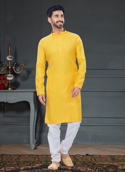 
                            Fancy Cotton Kurta Pyjama in Yellow