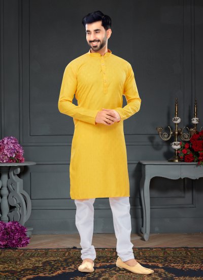 Fancy Cotton Kurta Pyjama in Yellow
