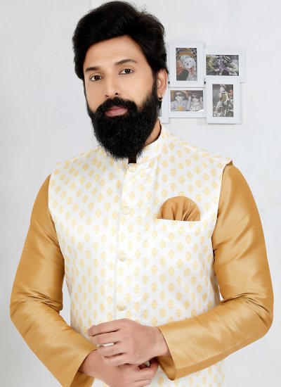 Fancy Dupion Silk Kurta Payjama With Jacket in Beige and White