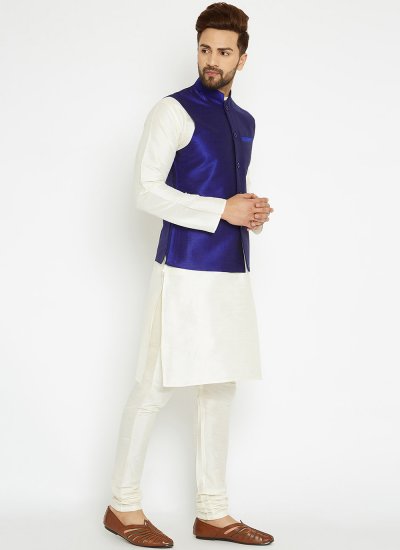 Fancy Dupion Silk Kurta Payjama With Jacket in Blue and White