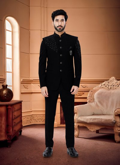 Fancy Fabric Black Embroidered Jodhpuri Suit