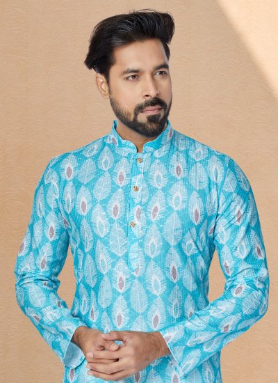 Fancy Fabric Digital Print Kurta Pyjama in Multi Colour and Turquoise
