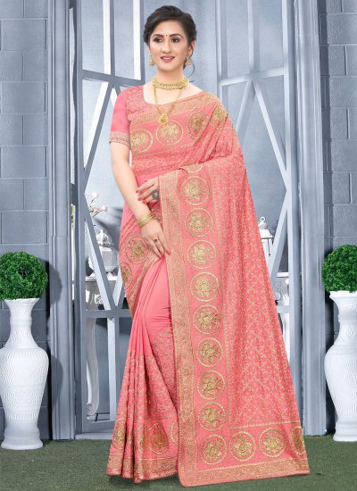 Fancy Fabric Embroidered Designer Traditional Saree in Peach